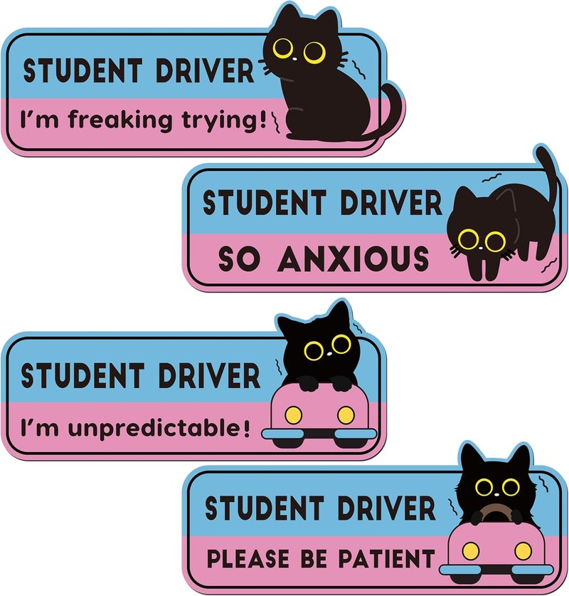 CNhoqc New Student Driver Magnet - 4pcs Funny Black Cat Please Be Patient New Student Driver Automotive Car Magnet Reflective Safety Warning Attention Sign Reusable Removable Novice Bumper Stickers - Image 1